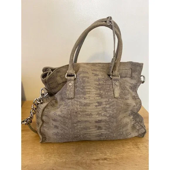 Michael Kors Distressed Gray Leather Satchel Bag W/ Chain Strap & Lock Accent - Picture 4 of 8